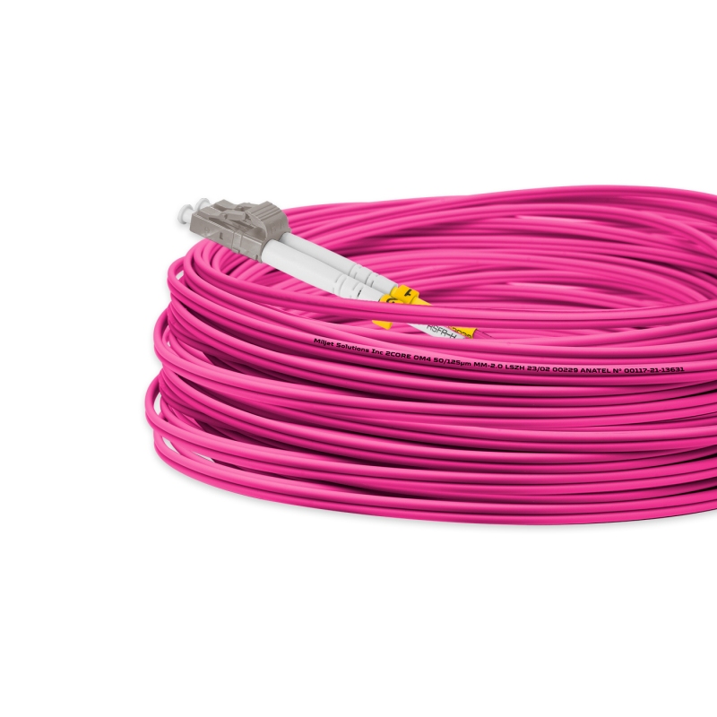 Cordão Óptico 30m, LC/UPC-LC/UPC, MM G651.1 50/125, OM4 Duplex 2.0mm LSZH Magenta, Fibra Multimodo Miljet