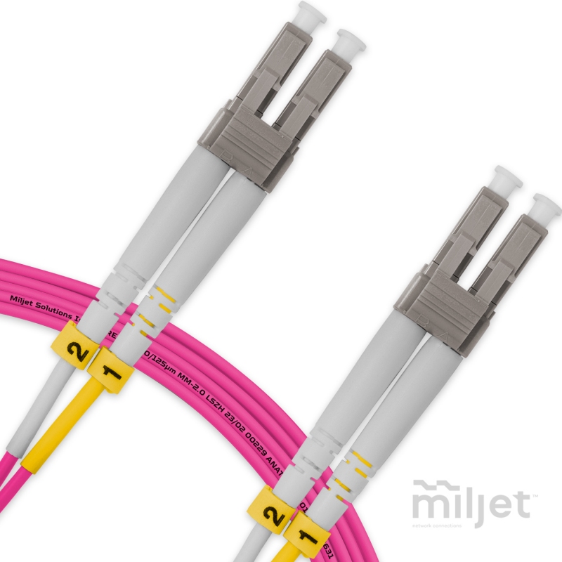 Cordão Óptico 5m, LC/UPC-LC/UPC, MM G651.1 50/125, OM4 Duplex 2.0mm LSZH Magenta, Fibra Multimodo Miljet