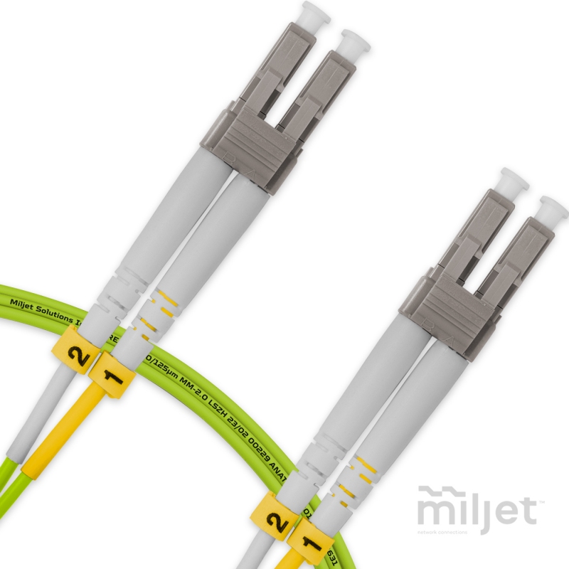 Cordão Óptico 2m, LC/UPC-LC/UPC, MM G651.1 50/125, OM5 Duplex 2.0mm LSZH Verde, Fibra Multimodo Miljet