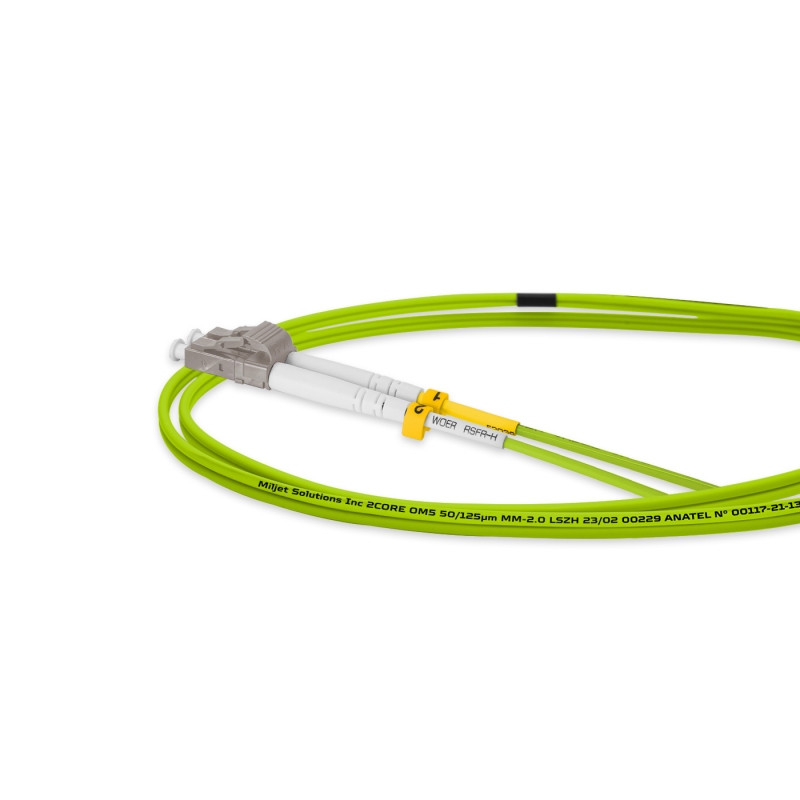 Cordão Óptico 2m, LC/UPC-LC/UPC, MM G651.1 50/125, OM5 Duplex 2.0mm LSZH Verde, Fibra Multimodo Miljet