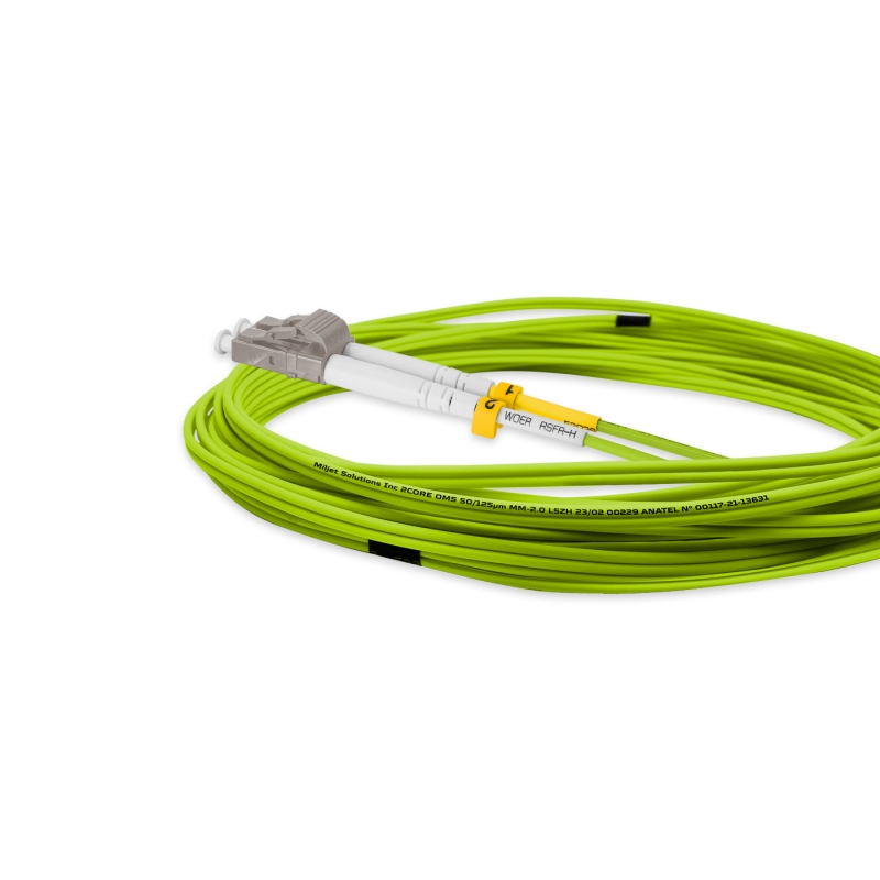 Cordão Óptico 5m, LC/UPC-LC/UPC, MM G651.1 50/125, OM5 Duplex 2.0mm LSZH Verde, Fibra Multimodo Miljet