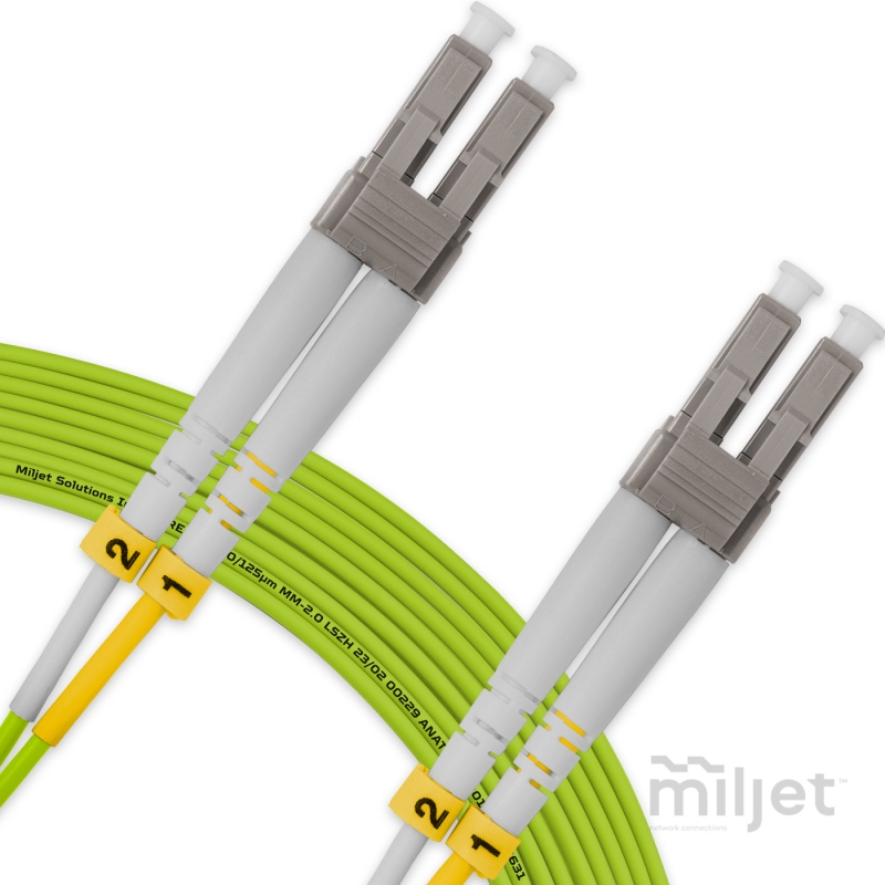 Cordão Óptico 20m, LC/UPC-LC/UPC, MM G651.1 50/125, OM5 Duplex 2.0mm LSZH Verde, Fibra Multimodo Miljet