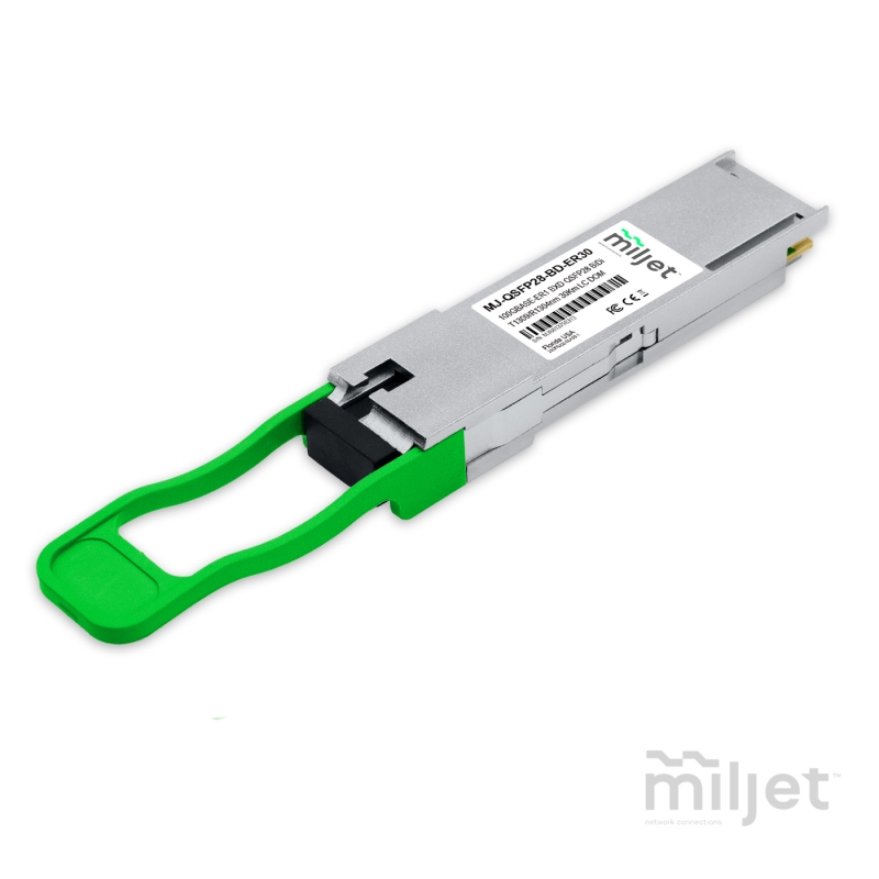 100GBASE-ER1 BXD QSFP28 BIDI, PAM4 Tx1309/Rx1304nm 30Km SMF DDM LC Simplex, transceptor óptico Miljet