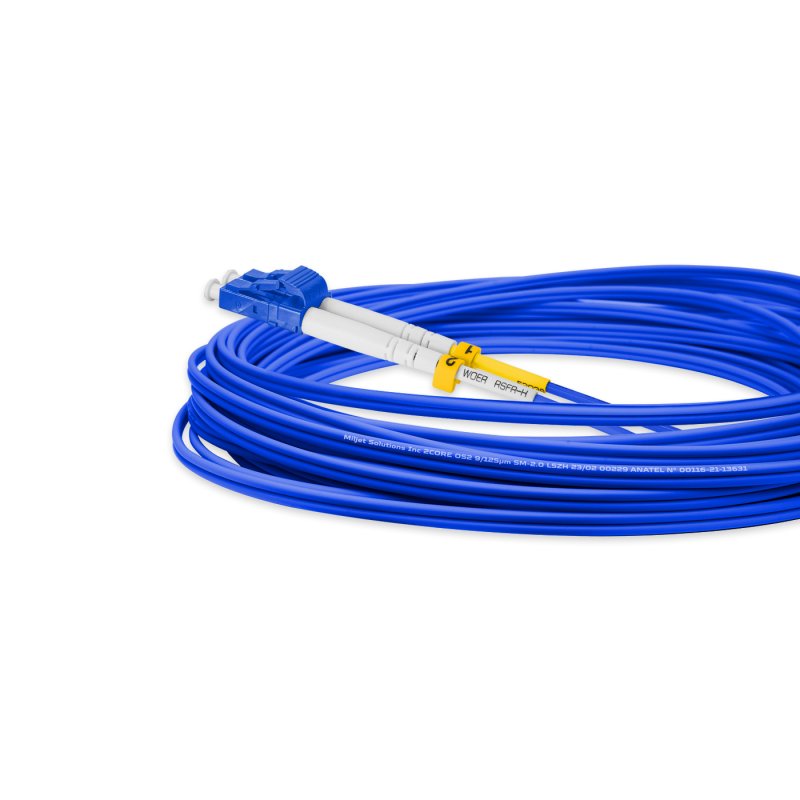 Cordão Óptico 7m, LC/UPC-LC/UPC, SM BLI G657-A1 9/125, OS2 Duplex 2.0mm LSZH ABNT Azul, Fibra Monomodo Miljet