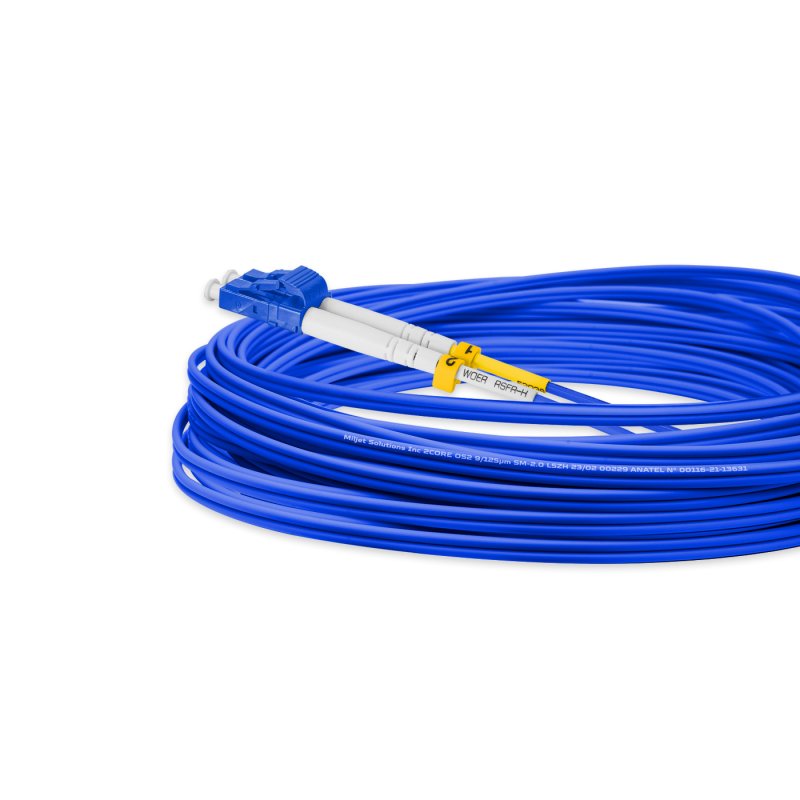 Cordão Óptico 10m, LC/UPC-LC/UPC, SM BLI G657-A1 9/125, OS2 Duplex 2.0mm LSZH ABNT Azul, Fibra Monomodo Miljet