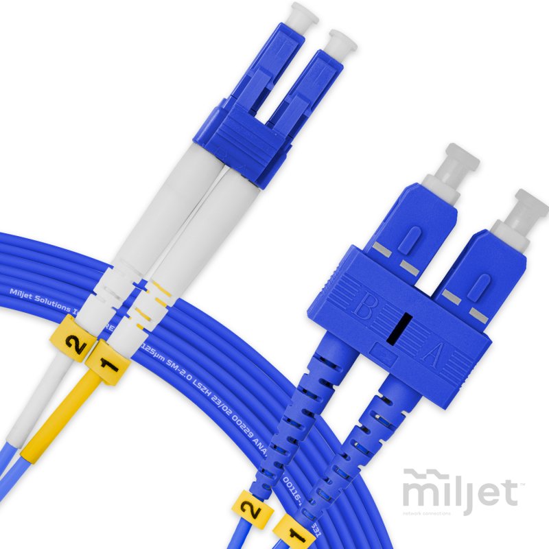 Cordão Óptico 10m, LC/UPC-SC/UPC, SM BLI G657-A1 9/125, OS2 Duplex 2.0mm LSZH ABNT Azul, Fibra Monomodo Miljet