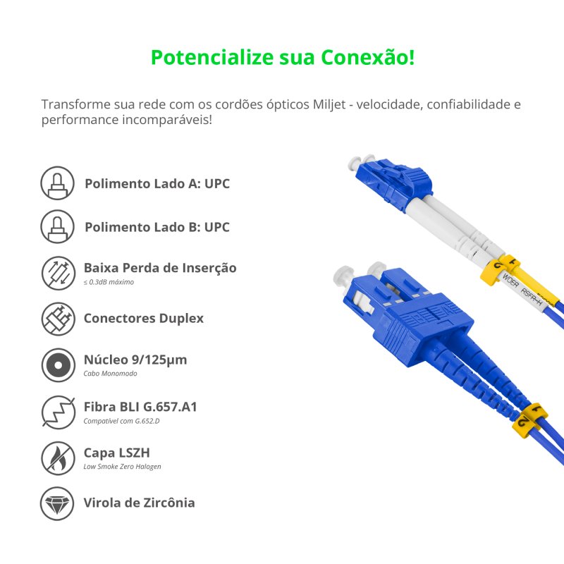 Cordão Óptico 10m, LC/UPC-SC/UPC, SM BLI G657-A1 9/125, OS2 Duplex 2.0mm LSZH ABNT Azul, Fibra Monomodo Miljet