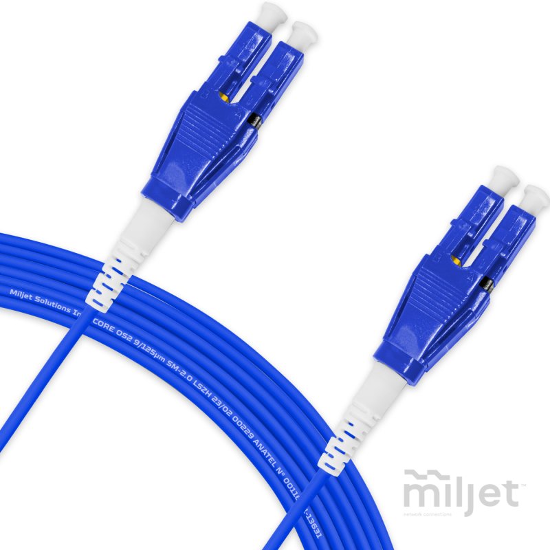 Cordão Óptico 10m, LC/UPC-LC/UPC Push-pull Uniboot Duplex SM OS2 BLI G.657-A1 9/125 BIF 2.0mm LSZH Azul Fibra Monomodo Miljet