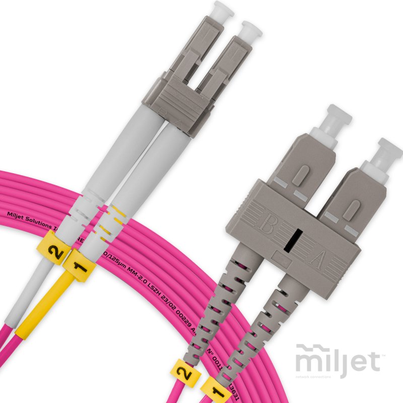 Cordão Óptico 10m, LC/UPC-SC/UPC MM 50/125, OM4 G651.1 Duplex 2.0mm LSZH Magenta, Fibra Multimodo Miljet