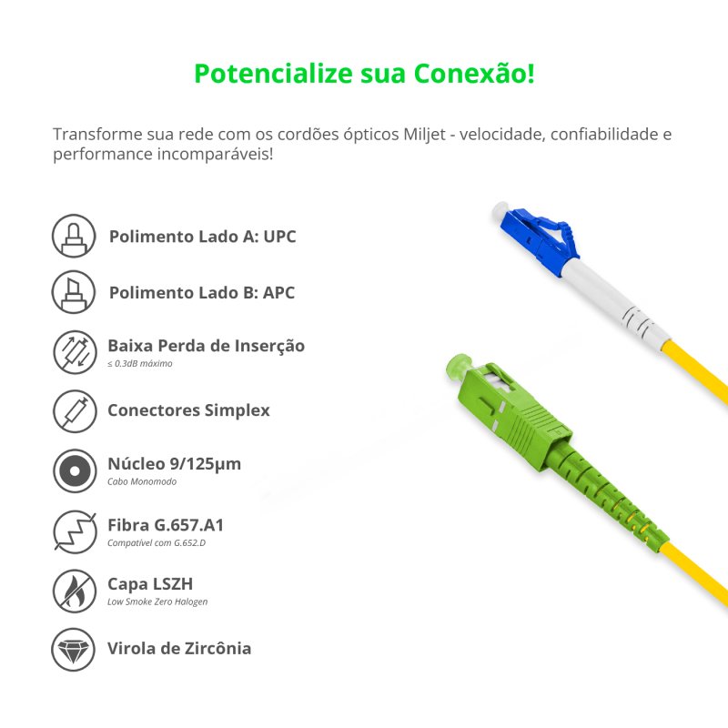 Cordão Óptico 30m, LC/UPC-SC/APC, SM BLI G657-A1 9/125, OS2 Simplex 3.0mm LSZH Amarelo, Fibra Monomodo Miljet