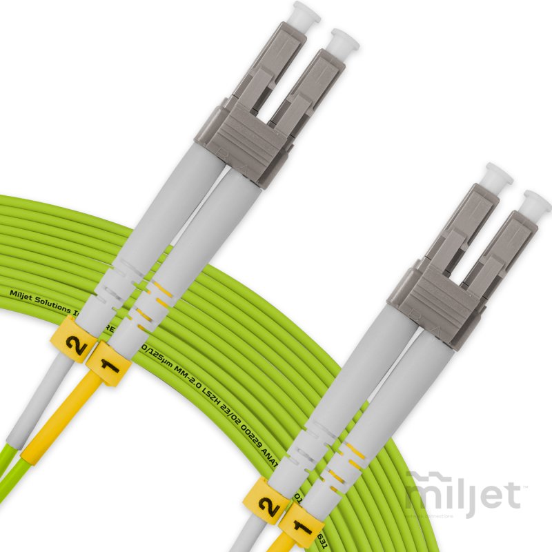 Cordão Óptico 50m, LC/UPC-LC/UPC MM 50/125, OM5 G651.1 Duplex 2.0mm LSZH Verde, Fibra Multimodo Miljet