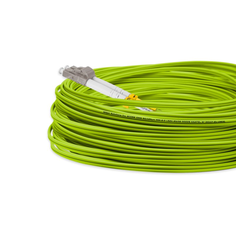 Cordão Óptico 50m, LC/UPC-LC/UPC MM 50/125, OM5 G651.1 Duplex 2.0mm LSZH Verde, Fibra Multimodo Miljet