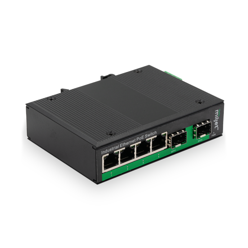 Switch PoE Industrial de Liga de Alumínio MAAIS-4G2XP 4P, 4xRJ45 GbE PoE 78W, 2xSFP GbE, Trilho DIN, Fonte DC 12~52V, Temp. -40°C~80°C, Não Gerenciável