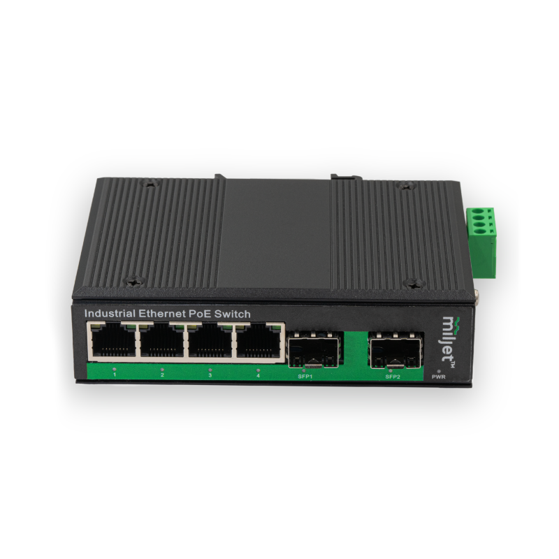 Switch PoE Industrial de Liga de Alumínio MAAIS-4G2XP 4P, 4xRJ45 GbE PoE 78W, 2xSFP GbE, Trilho DIN, Fonte DC 12~52V, Temp. -40°C~80°C, Não Gerenciável