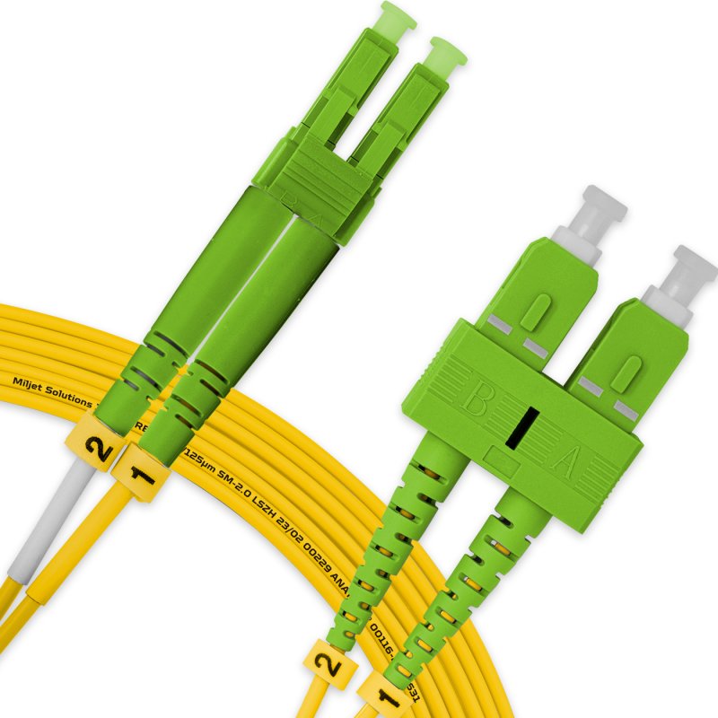 Cordão Óptico 10m, LC/APC-SC/APC, SM BLI G657-A2 9/125, OS2 Duplex 2.0mm LSZH Amarelo, Fibra Monomodo Miljet