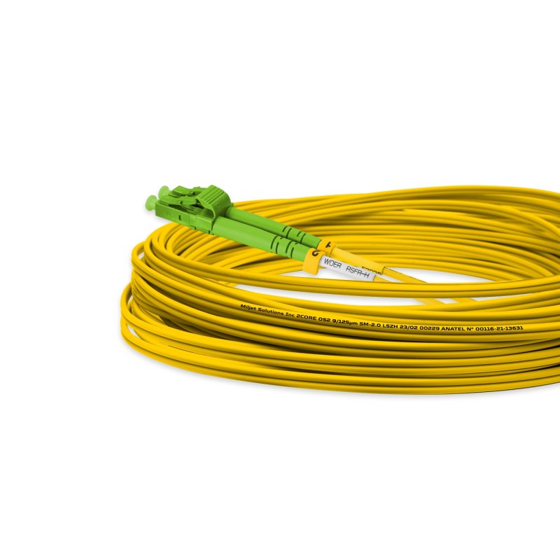 Cordão Óptico 10m, LC/APC-SC/APC, SM BLI G657-A2 9/125, OS2 Duplex 2.0mm LSZH Amarelo, Fibra Monomodo Miljet