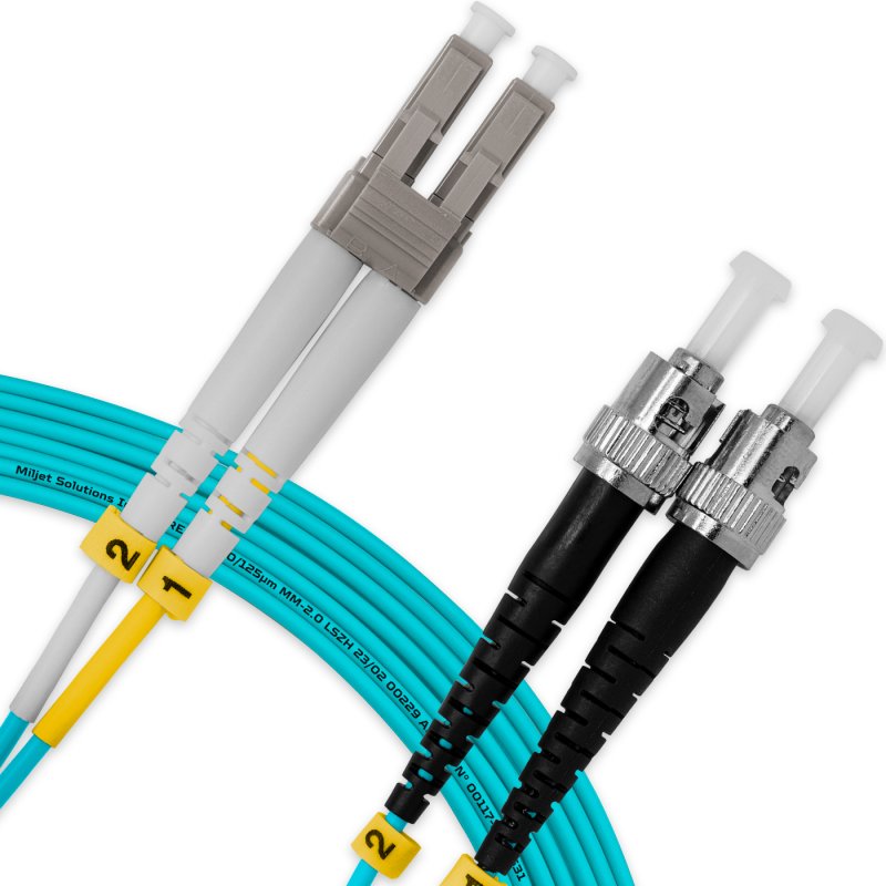 Cordão Óptico 10m, LC/UPC-ST/UPC, MM G651.1 50/125, OM3 Duplex 2.0mm LSZH Aqua, Fibra Multimodo Miljet