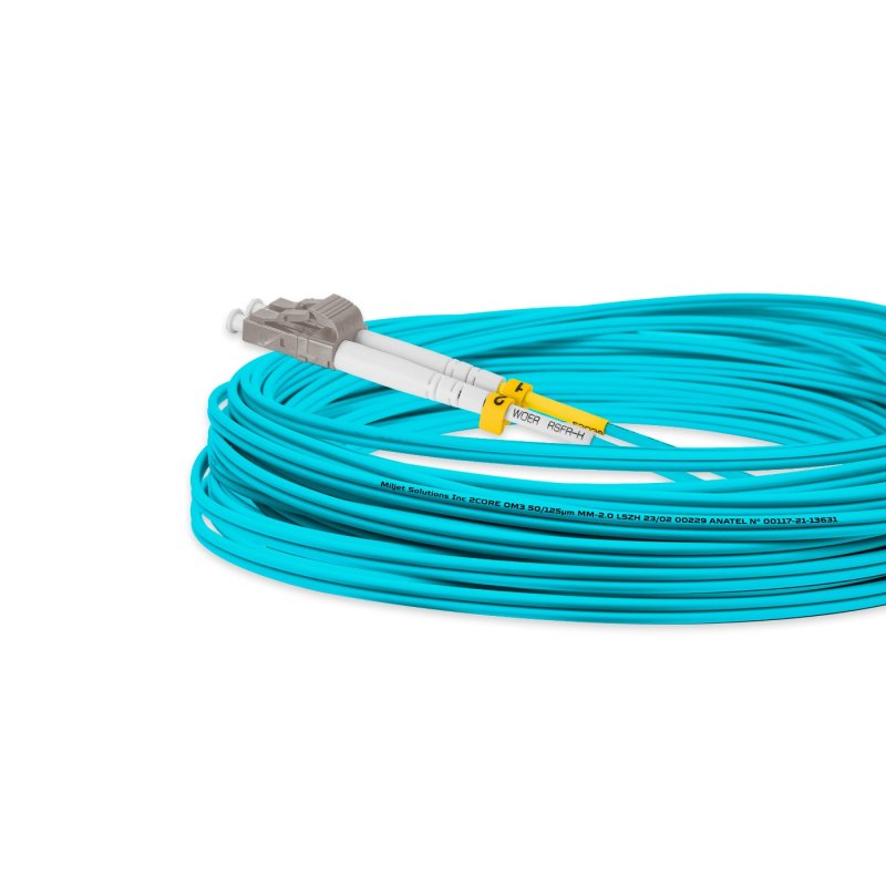 Cordão Óptico 10m, LC/UPC-ST/UPC, MM G651.1 50/125, OM3 Duplex 2.0mm LSZH Aqua, Fibra Multimodo Miljet