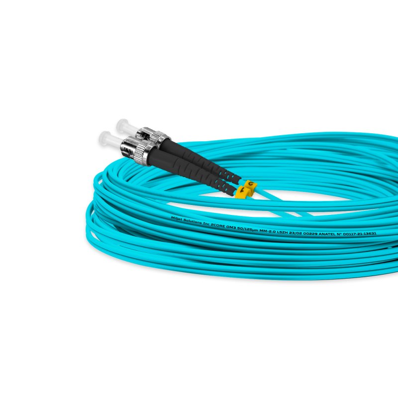 Cordão Óptico 10m, LC/UPC-ST/UPC, MM G651.1 50/125, OM3 Duplex 2.0mm LSZH Aqua, Fibra Multimodo Miljet