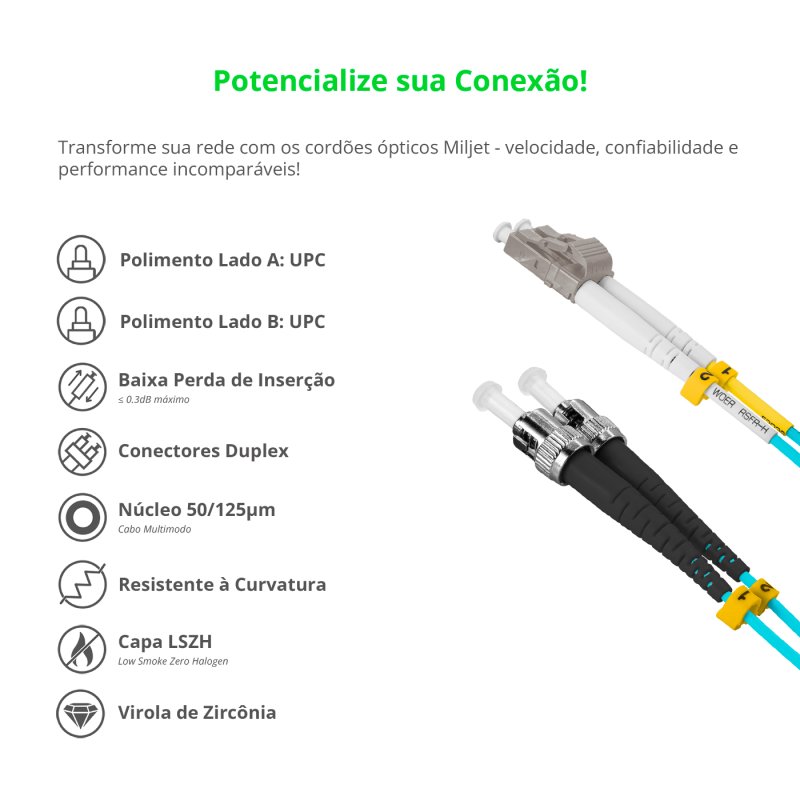 Cordão Óptico 10m, LC/UPC-ST/UPC, MM G651.1 50/125, OM3 Duplex 2.0mm LSZH Aqua, Fibra Multimodo Miljet