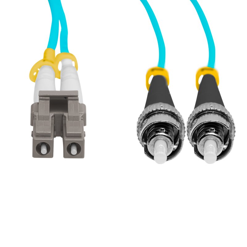 Cordão Óptico 10m, LC/UPC-ST/UPC, MM G651.1 50/125, OM3 Duplex 2.0mm LSZH Aqua, Fibra Multimodo Miljet