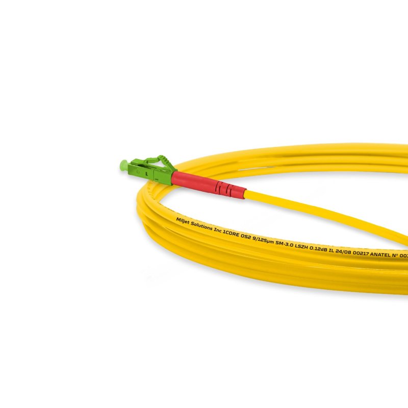 Cordão Óptico 2.5m, LC/APC-LC/APC, SM BLI G657-A2 9/125, 0.12dB IL OS2 Simplex 3.0mm LSZH Amarelo, Fibra Monomodo Miljet