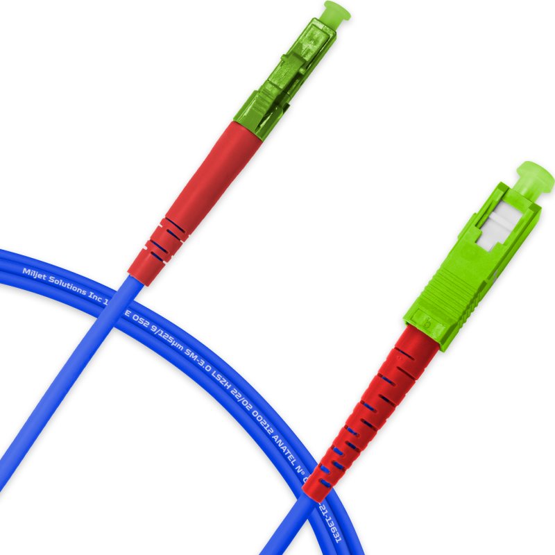 Cordão óptico 2.5m, LC/APC-SC/APC, SM BLI G657-A2 9/125 0.12dB IL OS2 Simplex 3.0mm LSZH ABNT Azul, Fiber Monomodo Miljet
