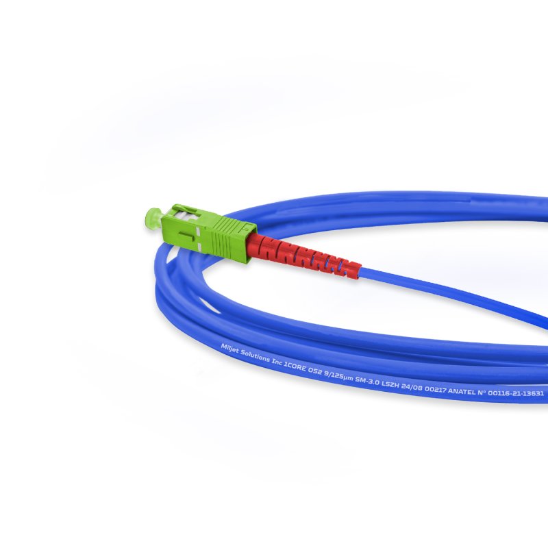 Cordão óptico 2.5m, LC/APC-SC/APC, SM BLI G657-A2 9/125 0.12dB IL OS2 Simplex 3.0mm LSZH ABNT Azul, Fiber Monomodo Miljet