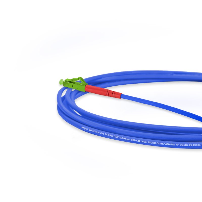 Cordão Óptico 2.5m, LC/UPC-LC/APC, SM BLI G657-A2 9/125 0.12dB IL OS2 Simplex 3.0mm LSZH ABNT Azul, Fibra Monomodo Miljet