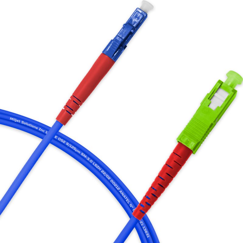 Cordão Óptico 2.5m, LC/UPC-SC/APC, SM BLI G657-A2 9/125 0.12dB IL OS2 Simplex 3.0mm LSZH ABNT Azul, Fibra Monomodo Miljet