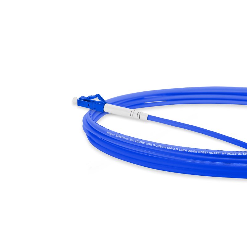 Cordão Óptico 2.5m, LC/UPC-SC/APC, SM BLI G657-A2 9/125, OS2 Simplex 3.0mm LSZH ABNT Azul, Fibra Monomodo Miljet