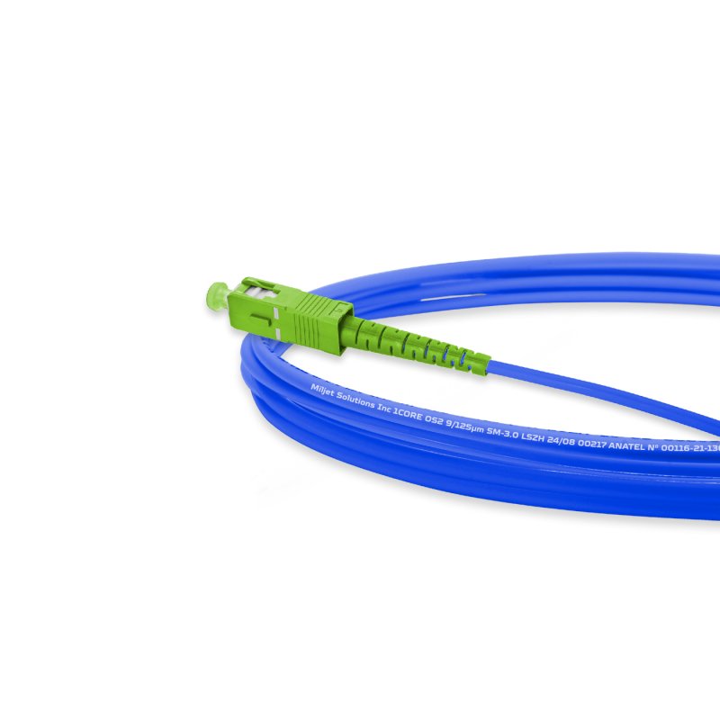 Cordão Óptico 2.5m, LC/UPC-SC/APC, SM BLI G657-A2 9/125, OS2 Simplex 3.0mm LSZH ABNT Azul, Fibra Monomodo Miljet