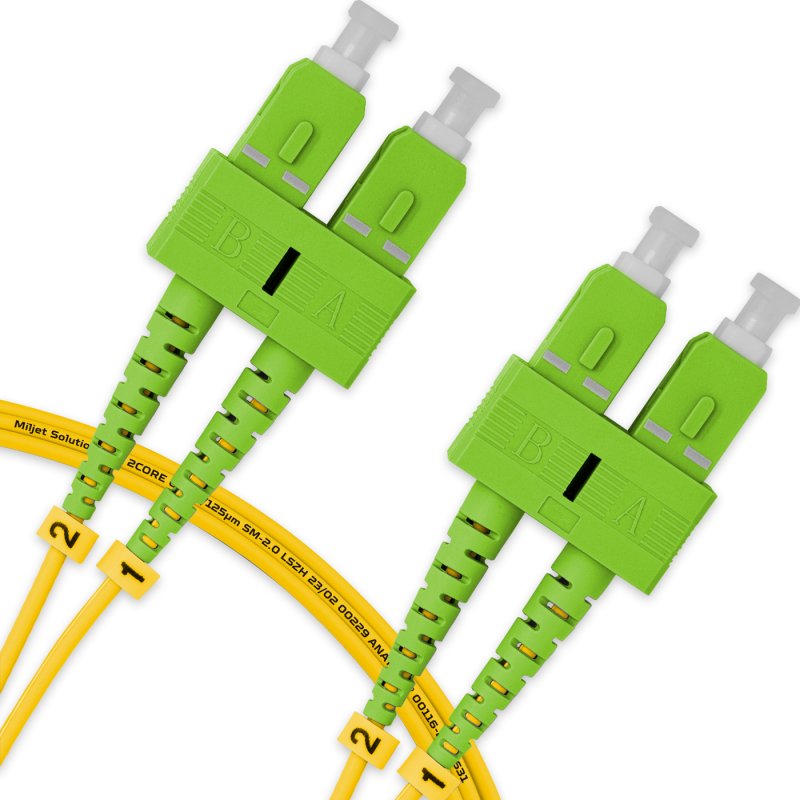 Cordão Óptico 2m, SC/APC-SC/APC SM BLI G657-A2 9/125, OS2 Duplex 2.0mm LSZH Amarelo, Fibra Monomodo Miljet