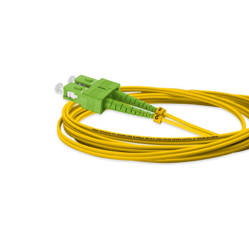 Cordão Óptico 2m, SC/APC-SC/APC SM BLI G657-A2 9/125, OS2 Duplex 2.0mm LSZH Amarelo, Fibra Monomodo Miljet