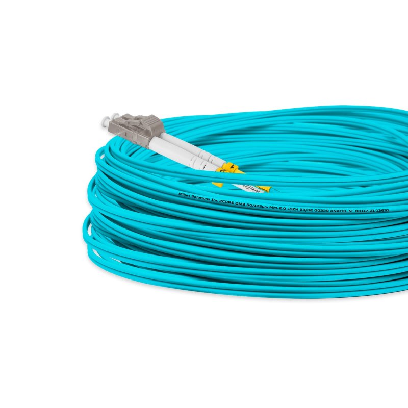 Cordão Óptico 30m, LC/UPC-LC/UPC, MM G651.1 50/125, OM3 Duplex 2.0mm LSZH Aqua, Fibra Multimodo Miljet