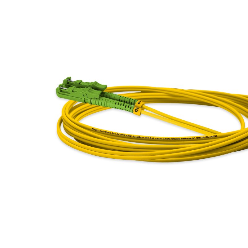 Cordão Óptico 3m, E2000/APC-LC/UPC, SM BLI G657-A2 9/125, OS2 Duplex 2.0mm LSZH Amarelo, Fibra Monomodo Miljet