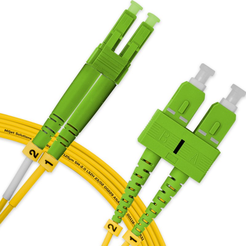 Cordão Óptico 5m, LC/APC-SC/APC, SM BLI G657-A2 9/125, OS2 Duplex 2.0mm LSZH Amarelo, Fibra Monomodo Miljet