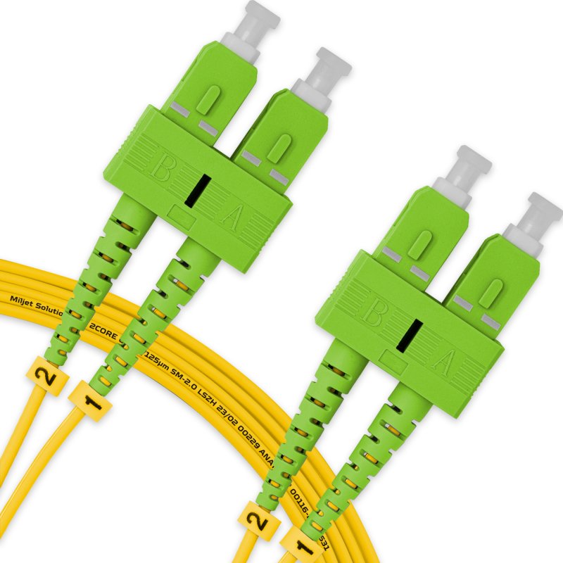 Cordão Óptico 5m, SC/APC-SC/APC SM BLI G657-A2 9/125, OS2 Duplex 2.0mm LSZH Amarelo, Fibra Monomodo Miljet