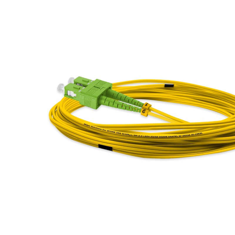 Cordão Óptico 5m, SC/APC-SC/APC SM BLI G657-A2 9/125, OS2 Duplex 2.0mm LSZH Amarelo, Fibra Monomodo Miljet