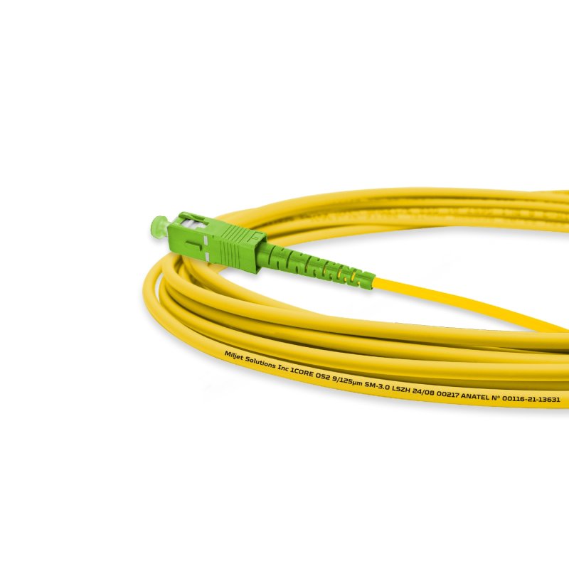 Cordão Óptico 5m, SC/APC-SC/APC, SM BLI G657-A2 9/125, OS2 Simplex 3.0mm LSZH Amarelo, Fibra Monomodo Miljet
