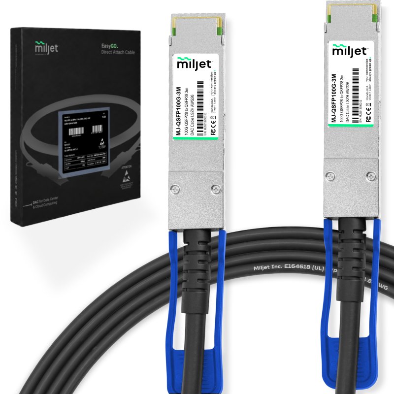 Cabo 100G QSFP28 para QSFP28 3m, DAC Direct Attach Copper, Twinax Cabo PVC 26AWG Miljet