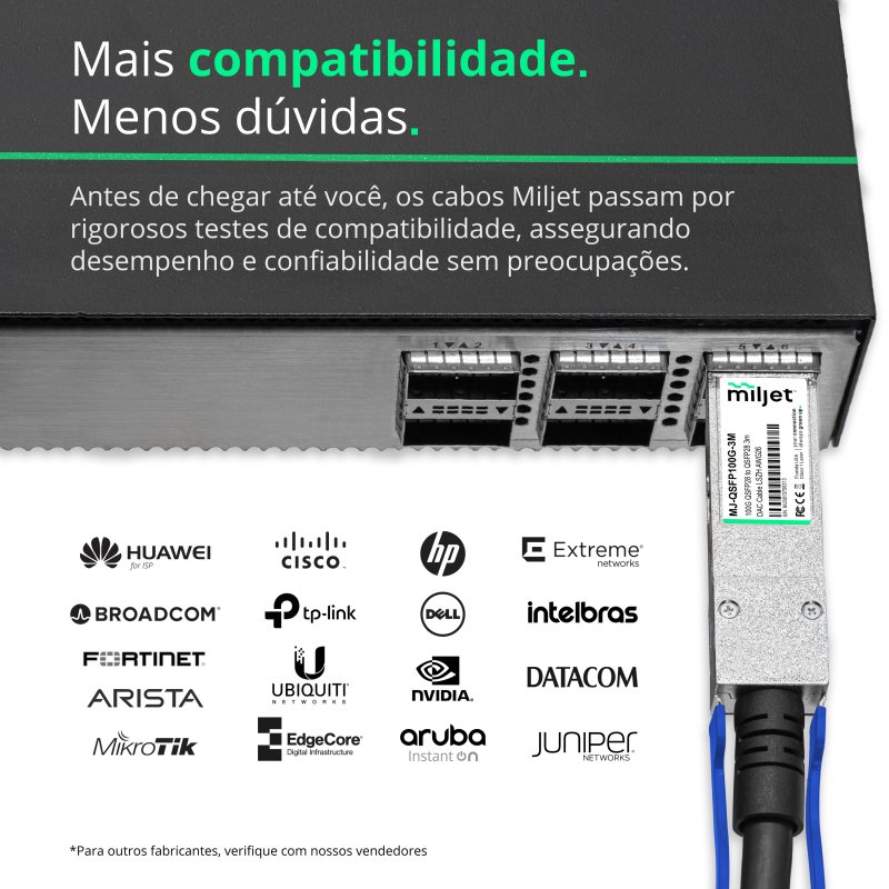 Cabo 100G QSFP28 para QSFP28 3m, DAC Direct Attach Copper, Twinax Cabo PVC 26AWG Miljet