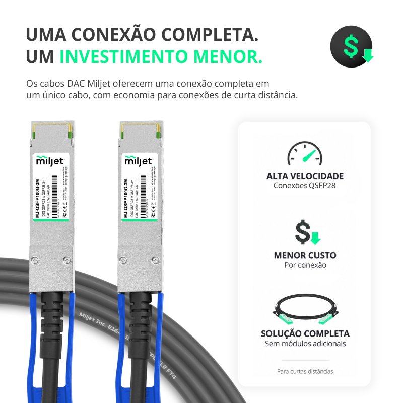 Cabo 100G QSFP28 para QSFP28 3m, DAC Direct Attach Copper, Twinax Cabo PVC 26AWG Miljet