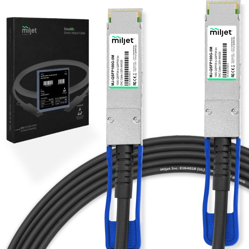 Cabo 100G QSFP28 para QSFP28 5m, DAC Direct Attach Copper, Twinax Cabo PVC 26AWG Miljet